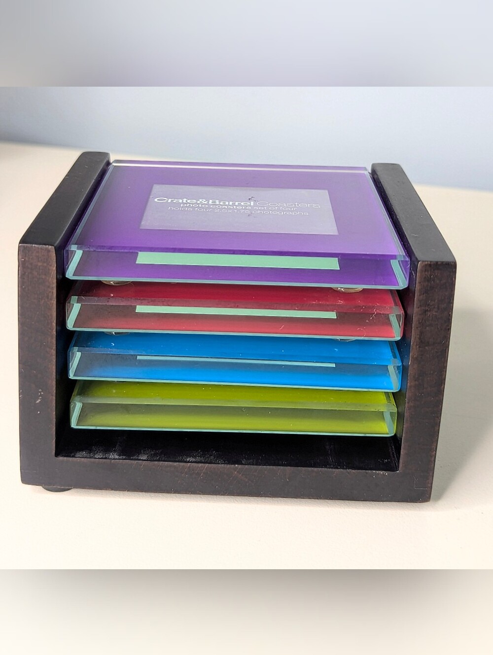 Crate&Barrel Colored Glass Picture Frame Coasters In Dark Wood Holder Set Of 4